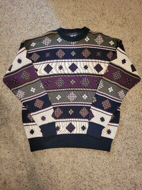 90s Vintage Woods & Gray 100% Cotton Mens Grandpa Sweater Large Geometric Grunge
